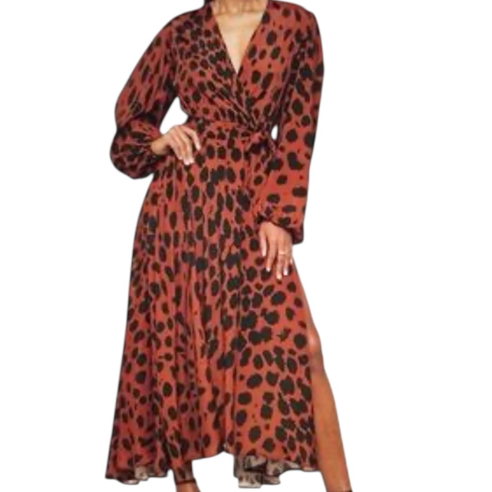 Megan Renee Talia Wrap Bodice Crepe Maxi Dress Brown Animal Print High Slit XS